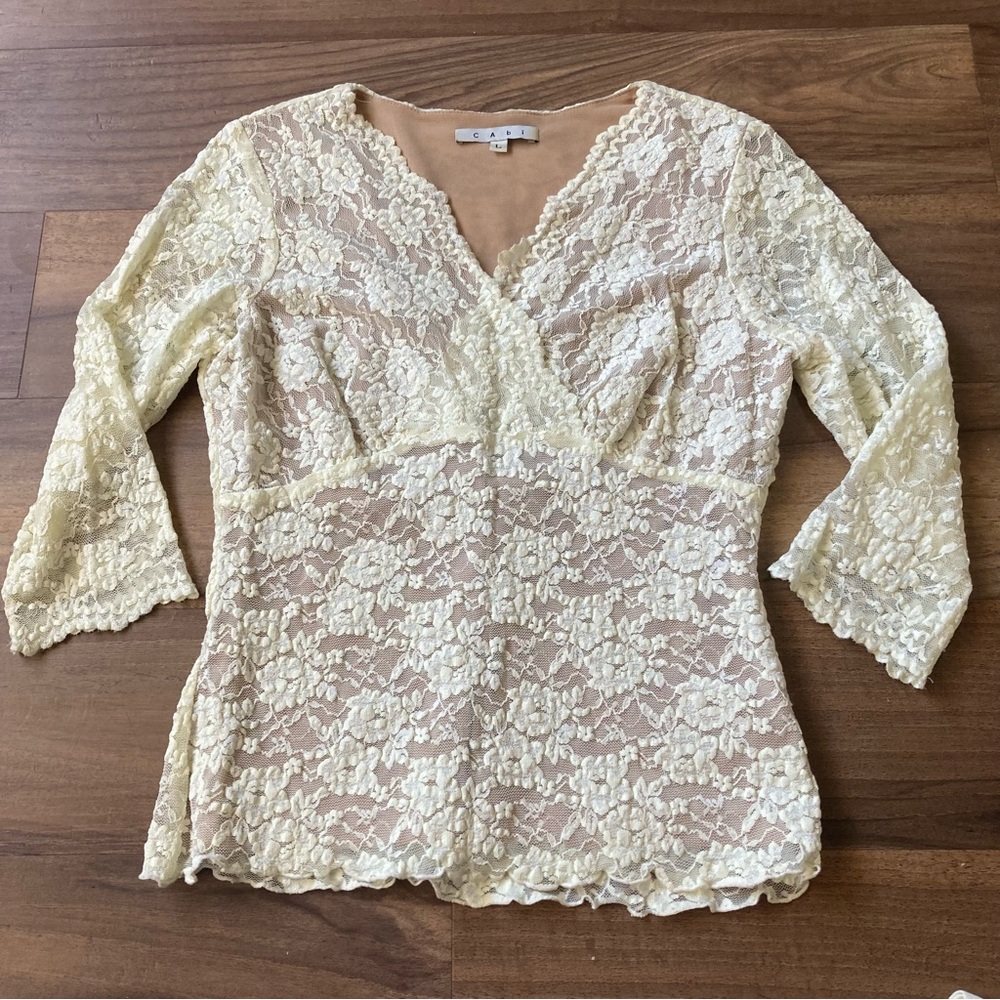 Cabi Top Womens Large White Lace Floral Pullover Nylon Blend Coquette Cottage